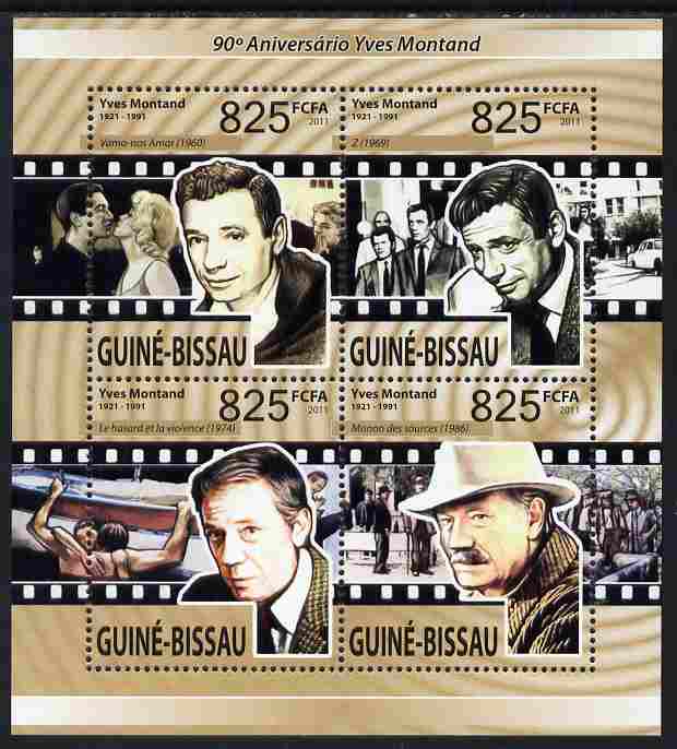 Guinea - Bissau 2011 90th Birth Anniversary of Yves Montand perf sheetlet containing 4 values unmounted mint, stamps on personalities, stamps on films, stamps on cinema, stamps on movies