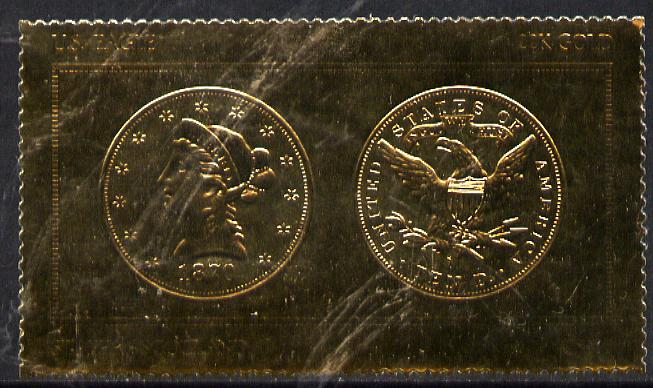 Staffa 1980 US Coins (1870 Eagle $10 coin both sides) on \A38 perf label embossed in 22 carat gold foil (Rosen 896) unmounted mint, stamps on coins     americana   birds of prey
