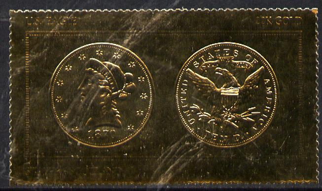 Staffa 1980 US Coins (1870 Eagle $10 coin both sides) on A38 perf label embossed in 22 carat gold foil (Rosen 896) unmounted mint, stamps on , stamps on  stamps on coins     americana   birds of prey