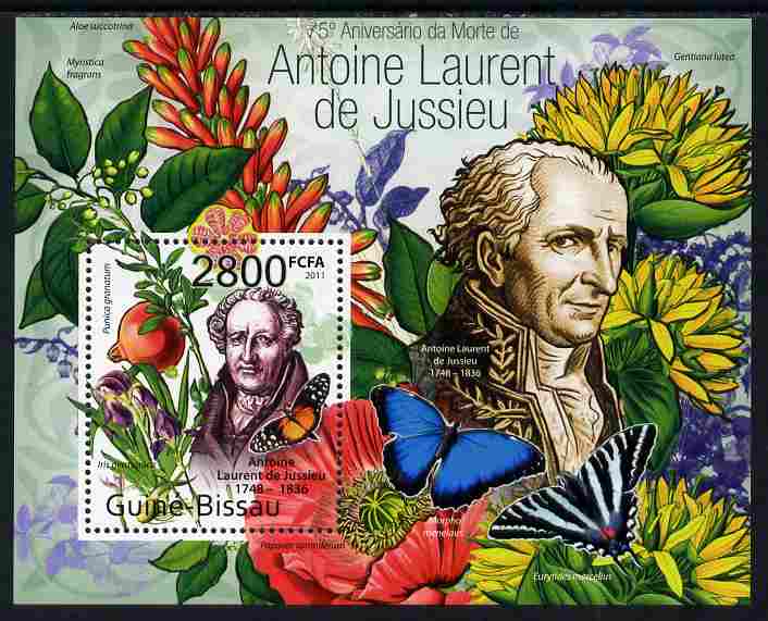 Guinea - Bissau 2011 75th death Anniversary of Antoine Laurent de Jussieu (botanist) perf m/sheet #1 unmounted mint, stamps on , stamps on  stamps on personalities, stamps on  stamps on flowers, stamps on  stamps on butterflies