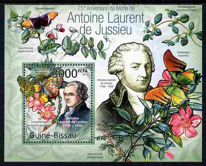 Guinea - Bissau 2011 75th death Anniversary of Antoine Laurent de Jussieu (botanist) perf m/sheet #2 unmounted mint, stamps on personalities, stamps on flowers, stamps on butterflies