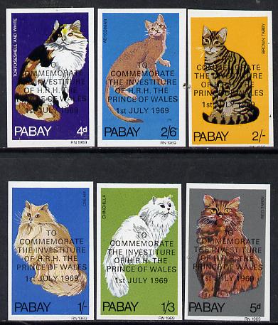 Pabay 1969 Cats imperf set of 6 with Prince of Wales overprint unmounted mint, stamps on animals  cats  royalty, stamps on diana, stamps on charles, stamps on 