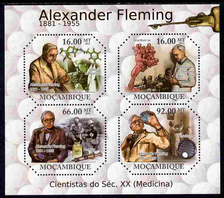 Mozambique 2011 Alexander Fleming perf sheetlet containing 4 values unmounted mint, stamps on , stamps on  stamps on personalities, stamps on  stamps on medical, stamps on  stamps on science, stamps on  stamps on microscopes, stamps on  stamps on scots, stamps on  stamps on scotland, stamps on  stamps on nobel