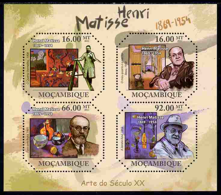 Mozambique 2011 Henry Matisse perf sheetlet containing 4 values unmounted mint, stamps on personalities, stamps on matisse, stamps on arts