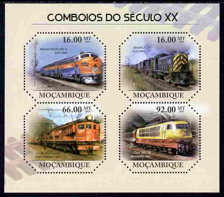 Mozambique 2011 20th Century Trains perf sheetlet containing 4 values unmounted mint, stamps on railways