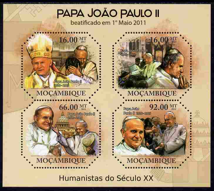 Mozambique 2011 Beatification of Pope John Paul II perf sheetlet containing 4 values unmounted mint, stamps on , stamps on  stamps on personalities, stamps on  stamps on pope, stamps on  stamps on popes, stamps on  stamps on religion