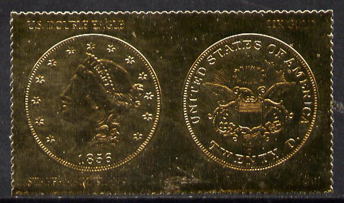 Staffa 1980 US Coins (1856 Double Eagle $20 coin both sides) on \A38 perf label embossed in 22 carat gold foil (Rosen 895) unmounted mint, stamps on coins     americana   birds of prey