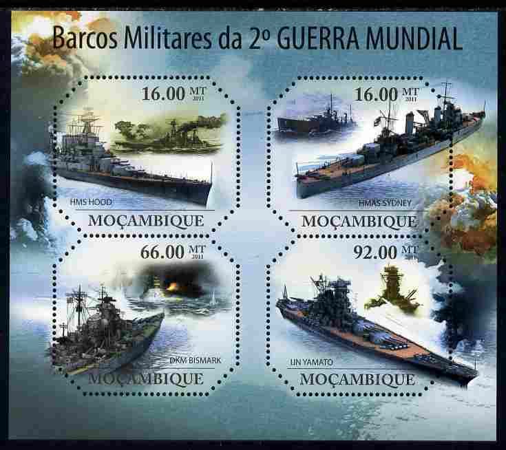 Mozambique 2011 Ships of World War 2 perf sheetlet containing 4 values unmounted mint, stamps on , stamps on  stamps on ships, stamps on  stamps on  ww2 , stamps on  stamps on 