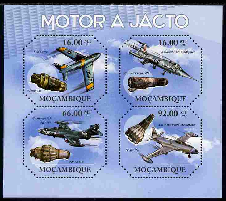 Mozambique 2011 Jet Aircraft perf sheetlet containing 4 values unmounted mint, stamps on , stamps on  stamps on aviation