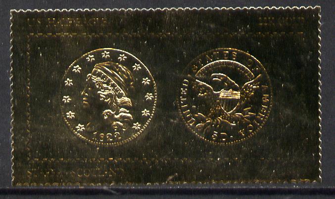 Staffa 1980 US Coins (1822 Half Eagle $5 coin both sides) on A38 perf label embossed in 22 carat gold foil (Rosen 891) unmounted mint, stamps on , stamps on  stamps on coins     americana   birds of prey