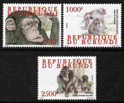 Burundi 2011 Primates perf set of 3 values unmounted mint , stamps on animals, stamps on apes, stamps on monkeys, stamps on 