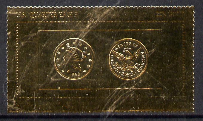 Staffa 1980 US Coins (1848 Quarter Eagle $2.5 coin both sides) on \A38 perf label embossed in 22 carat gold foil (Rosen 894) unmounted mint, stamps on coins, stamps on americana, stamps on birds of prey