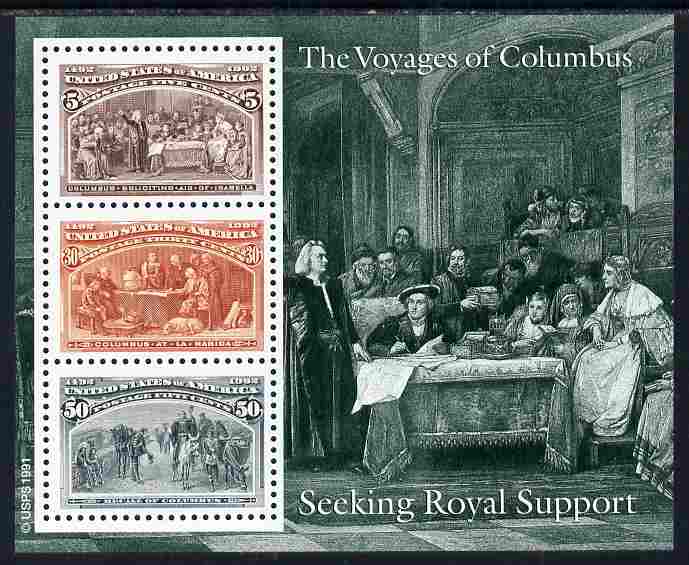 United States 1992 World Columbian Stamp Expo 92 perf m/sheet #3 featuring Culumbus 5c, 30c & 50c reproductions unmounted mint SG MS 2660c, stamps on columbus, stamps on stamp exhibitions, stamps on dogs, stamps on explorers, stamps on americana
