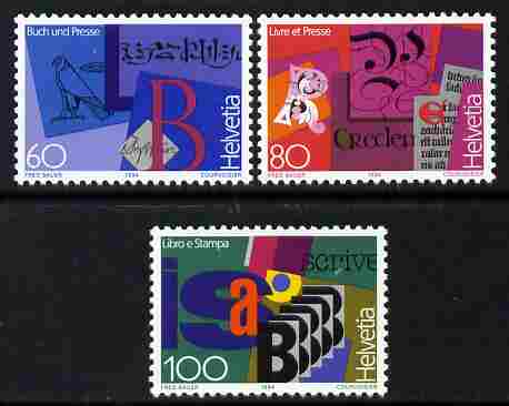 Switzerland 1994 Books & the Press Exhibition perf set of 3 unmounted mint SG 1277-79, stamps on , stamps on  stamps on literature, stamps on  stamps on books, stamps on  stamps on type, stamps on  stamps on printing, stamps on  stamps on exhibitions