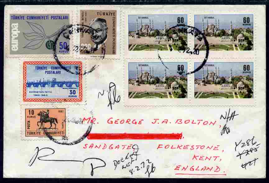 Turkey 1972 local cover bearing various adhesive including Istanbul 60k block of 4 with blue (Country name) omitted, as SG 2092, stamps on tourism