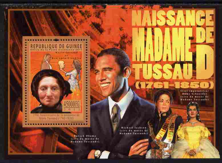 Guinea - Conakry 2011 250th Birth Anniversary of Madame Tussaud perf s/sheet unmounted mint, stamps on , stamps on  stamps on personalities, stamps on  stamps on jackson, stamps on  stamps on music, stamps on  stamps on usa presidents, stamps on  stamps on obama