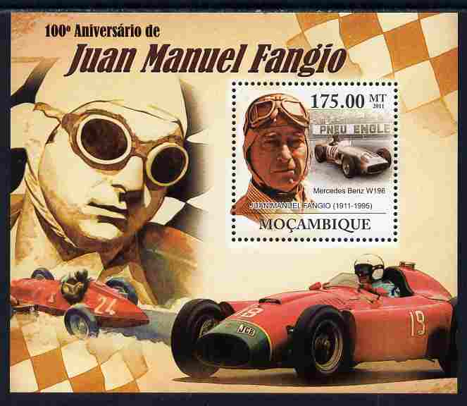 Mozambique 2011 Birth Centenary of Juan Manuel Fangio perf s/sheet unmounted mint Michel BL 453, stamps on , stamps on  stamps on personalities, stamps on  stamps on  f1 , stamps on  stamps on formula 1, stamps on  stamps on cars, stamps on  stamps on racing cars, stamps on  stamps on 