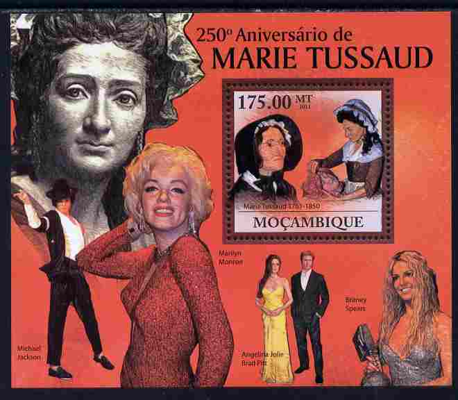 Mozambique 2011 250th Birth Anniversary of Madame Tussaud perf s/sheet unmounted mint Michel BL 449, stamps on personalities, stamps on marilyn, stamps on movies, stamps on cinema, stamps on films, stamps on jackson, stamps on music, stamps on pops