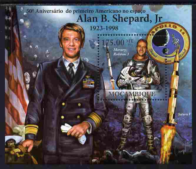 Mozambique 2011 Alan B Shepard - 50th Anniversary of First American in Space perf s/sheet unmounted mint Michel BL 457, stamps on , stamps on  stamps on personalities, stamps on  stamps on space, stamps on  stamps on rockets, stamps on  stamps on apollo, stamps on  stamps on americana