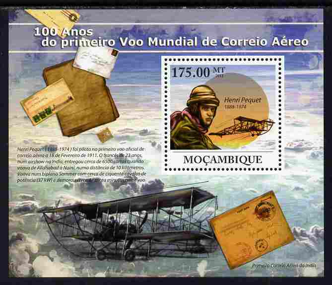 Mozambique 2011 Centenary of First World Air Mail perf s/sheet unmounted mint Michel BL 439, stamps on , stamps on  stamps on postal, stamps on  stamps on aviation, stamps on  stamps on stampon, stamps on  stamps on stamp on stamp