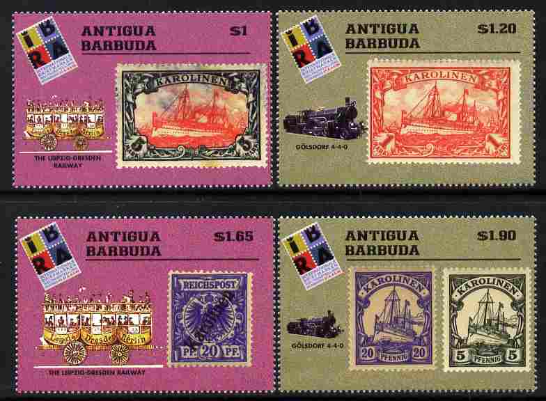 Antigua 1999 IBRA 99 Stamp Exhibition perf set of 4 unmounted mint SG 2894-97, stamps on , stamps on  stamps on stamp exhibitions, stamps on  stamps on stampon, stamps on  stamps on stamp on stamp, stamps on  stamps on railways, stamps on  stamps on ships, stamps on  stamps on 