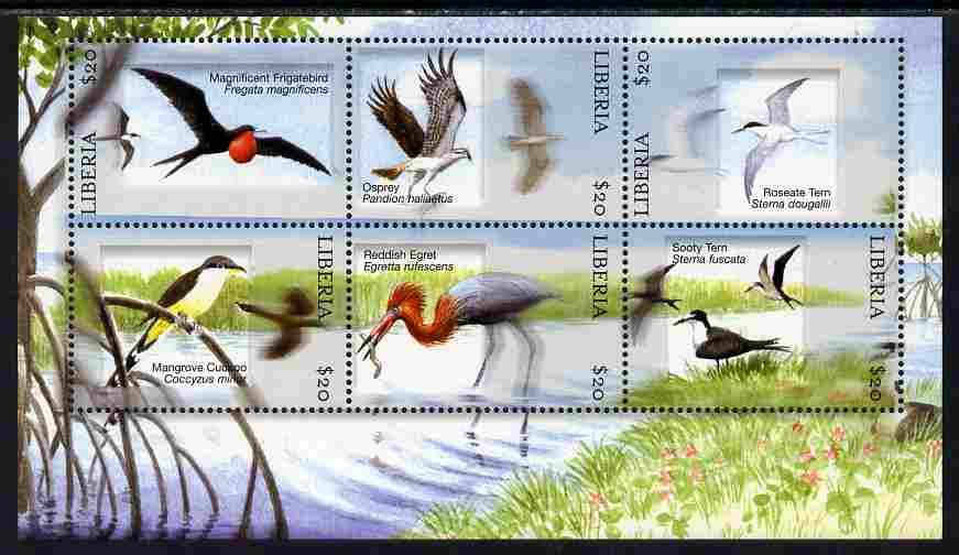 Liberia 2010 Birds perf sheetlet containing 6 values unmounted mint , stamps on , stamps on  stamps on birds, stamps on  stamps on terns, stamps on  stamps on cuckoo, stamps on  stamps on osprey, stamps on  stamps on egrets