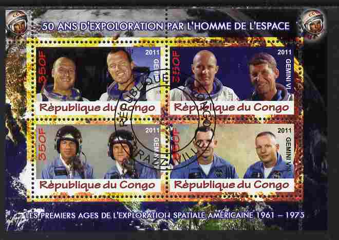 Congo 2011 50th Anniv of First Man in Space - USA #02 perf sheetlet containing 4 values fine cto used, stamps on space, stamps on rockets, stamps on americana