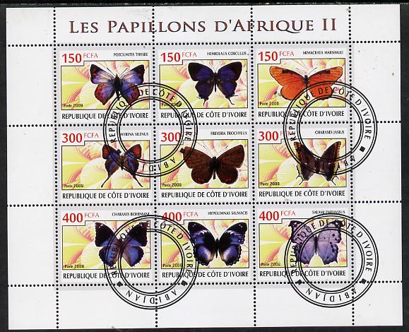 Ivory Coast 2009 Butterflies of Africa #2 perf sheetlet containing 9 values fine cto used, stamps on , stamps on  stamps on butterflies