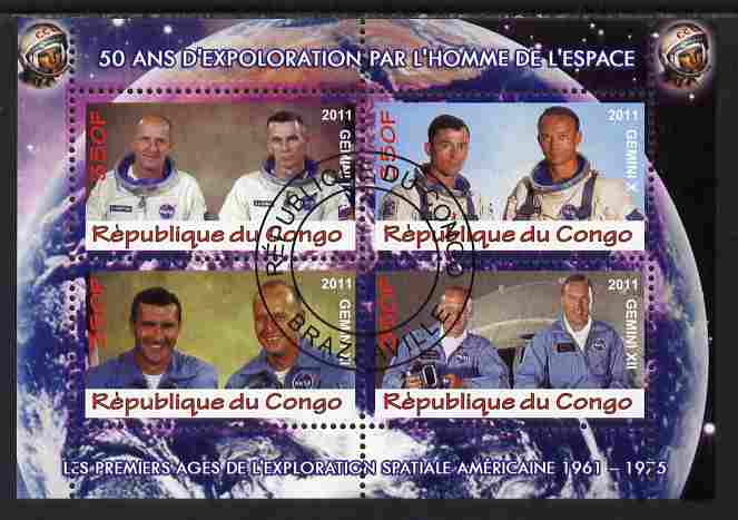 Congo 2011 50th Anniv of First Man in Space - USA #04 perf sheetlet containing 4 values fine cto used, stamps on , stamps on  stamps on space, stamps on  stamps on rockets, stamps on  stamps on americana