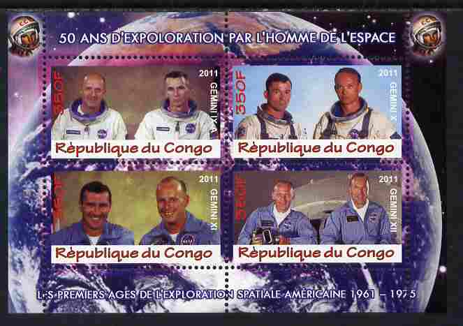 Congo 2011 50th Anniv of First Man in Space - USA #04 perf sheetlet containing 4 values unmounted mint, stamps on , stamps on  stamps on space, stamps on  stamps on rockets, stamps on  stamps on americana