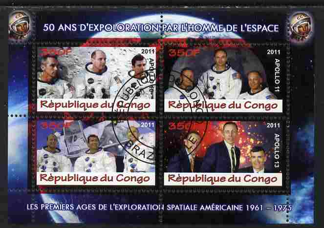 Congo 2011 50th Anniv of First Man in Space - USA #07 perf sheetlet containing 4 values fine cto used, stamps on , stamps on  stamps on space, stamps on  stamps on rockets, stamps on  stamps on americana