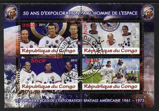 Congo 2011 50th Anniv of First Man in Space - USA #08 perf sheetlet containing 4 values fine cto used, stamps on , stamps on  stamps on space, stamps on  stamps on rockets, stamps on  stamps on americana