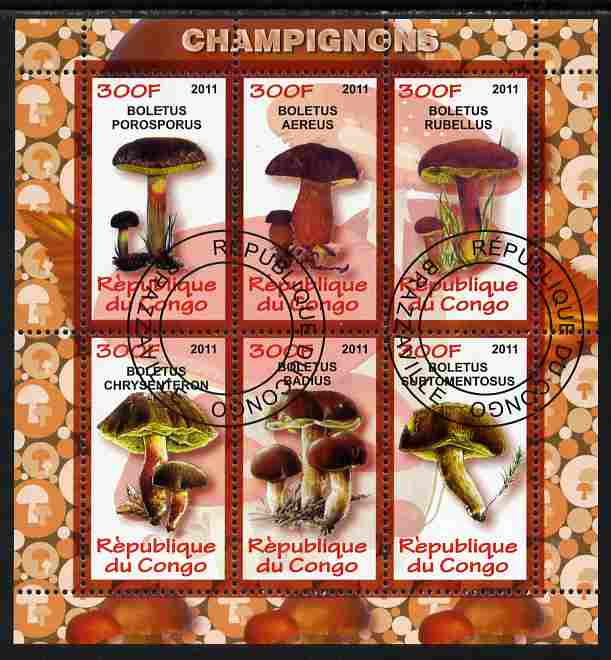 Congo 2011 Fungi perf sheetlet containing 6 values fine cto used, stamps on fungi