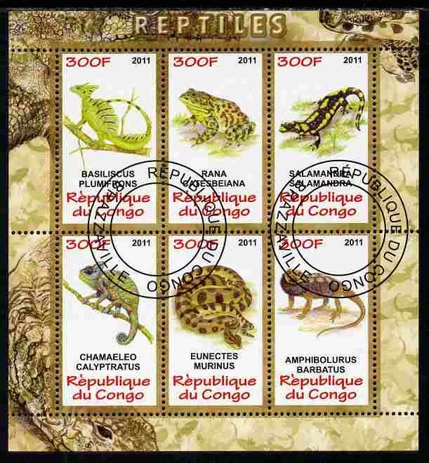 Congo 2011 Reptiles perf sheetlet containing 6 values fine cto used, stamps on , stamps on  stamps on reptiles, stamps on  stamps on lizards, stamps on  stamps on frogs, stamps on  stamps on snakes, stamps on  stamps on chameleons