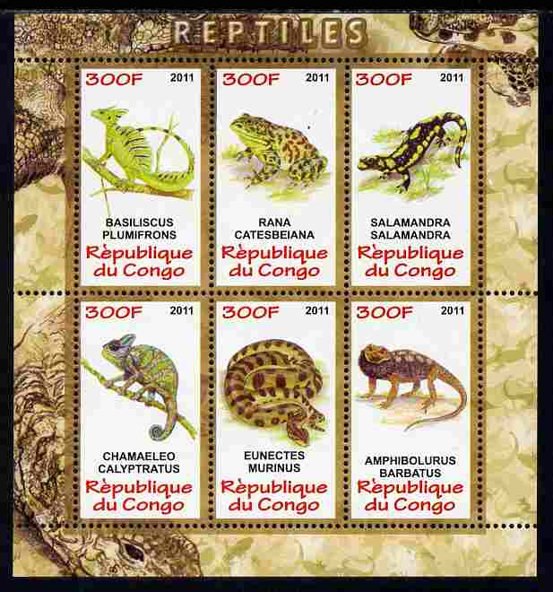 Congo 2011 Reptiles perf sheetlet containing 6 values unmounted mint, stamps on , stamps on  stamps on reptiles, stamps on  stamps on lizards, stamps on  stamps on frogs, stamps on  stamps on snakes, stamps on  stamps on chameleons