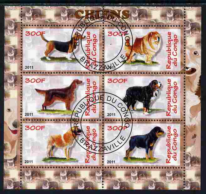 Congo 2011 Dogs perf sheetlet containing 6 values fine cto used, stamps on , stamps on  stamps on dogs