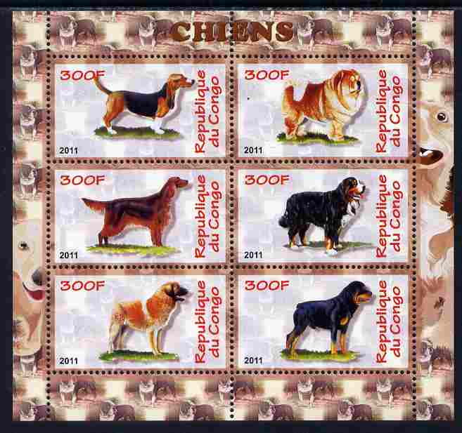 Congo 2011 Dogs perf sheetlet containing 6 values unmounted mint, stamps on , stamps on  stamps on dogs