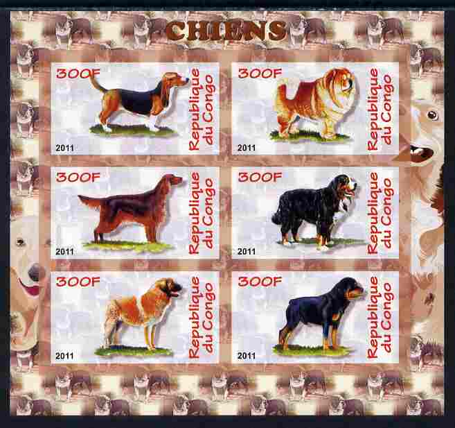 Congo 2011 Dogs imperf sheetlet containing 6 values unmounted mint, stamps on , stamps on  stamps on dogs