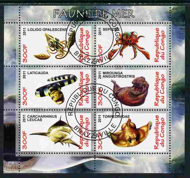 Congo 2011 Sea Life perf sheetlet containing 6 values fine cto used, stamps on , stamps on  stamps on marine life, stamps on  stamps on sharks, stamps on  stamps on squid, stamps on  stamps on snakes, stamps on  stamps on fish, stamps on  stamps on rays