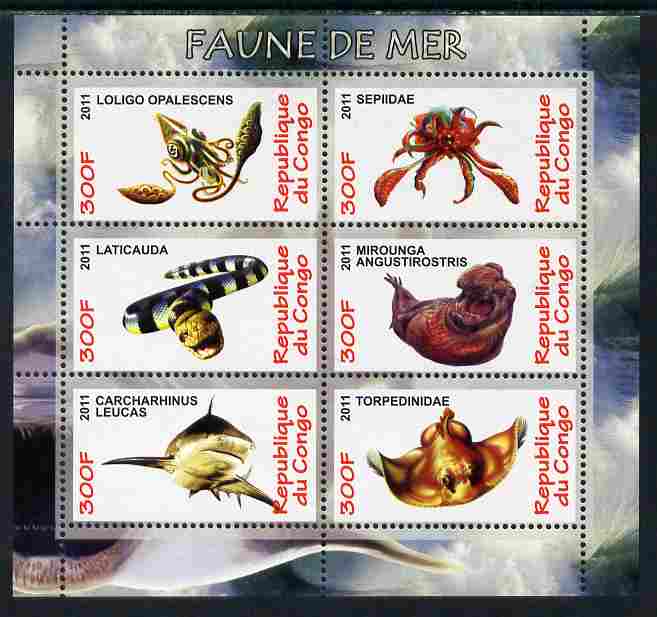Congo 2011 Sea Life perf sheetlet containing 6 values unmounted mint, stamps on marine life, stamps on sharks, stamps on squid, stamps on snakes, stamps on fish, stamps on rays