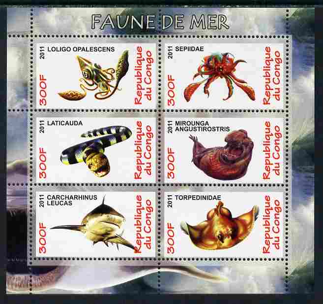 Congo 2011 Sea Life perf sheetlet containing 6 values unmounted mint, stamps on , stamps on  stamps on marine life, stamps on  stamps on sharks, stamps on  stamps on squid, stamps on  stamps on snakes, stamps on  stamps on fish, stamps on  stamps on rays