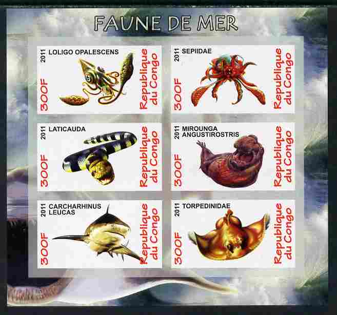Congo 2011 Sea Life imperf sheetlet containing 6 values unmounted mint, stamps on marine life, stamps on sharks, stamps on squid, stamps on snakes, stamps on fish, stamps on rays
