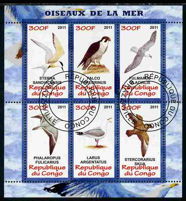Congo 2011 Sea Birds perf sheetlet containing 6 values fine cto used, stamps on birds, stamps on birds of prey, stamps on gulls