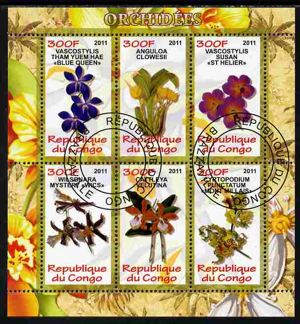 Congo 2011 Orchids perf sheetlet containing 6 values fine cto used, stamps on orchids, stamps on flowers
