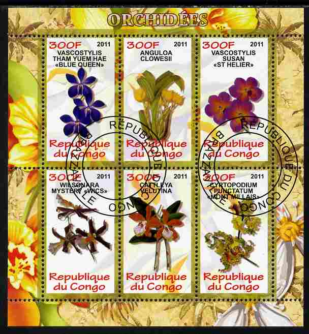 Congo 2011 Orchids perf sheetlet containing 6 values fine cto used, stamps on , stamps on  stamps on orchids, stamps on  stamps on flowers