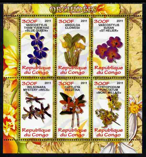 Congo 2011 Orchids perf sheetlet containing 6 values unmounted mint, stamps on , stamps on  stamps on orchids, stamps on  stamps on flowers