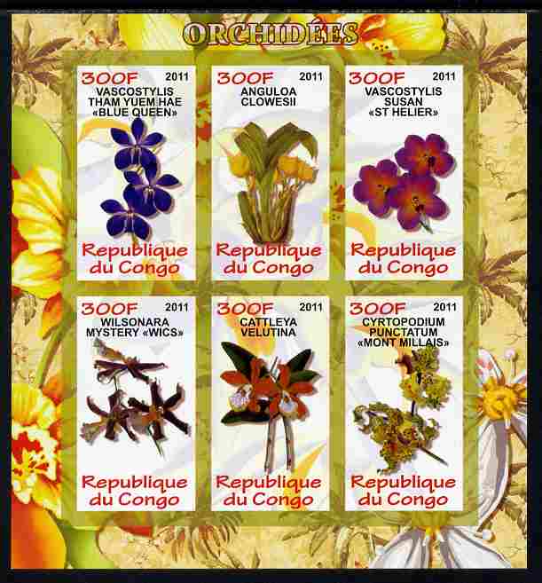 Congo 2011 Orchids imperf sheetlet containing 6 values unmounted mint, stamps on orchids, stamps on flowers