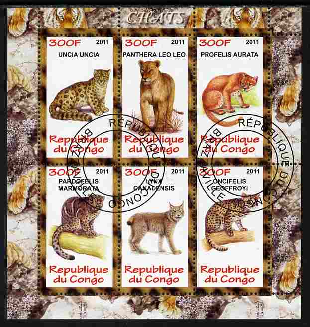 Congo 2011 Wild Cats perf sheetlet containing 6 values fine cto used, stamps on cats, stamps on panthers, stamps on leopards