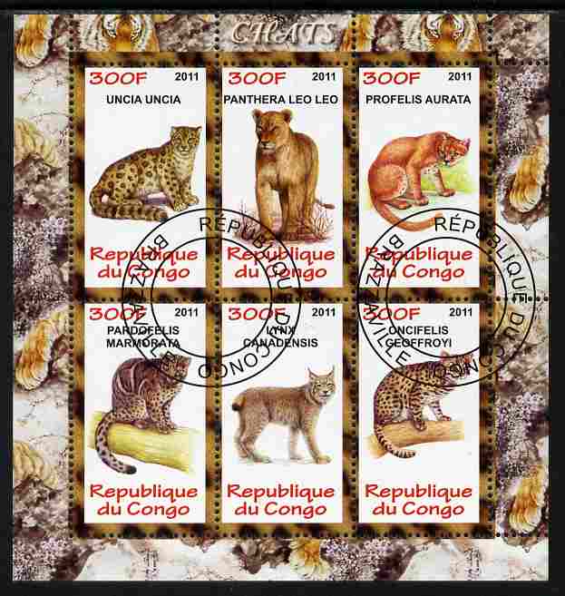 Congo 2011 Wild Cats perf sheetlet containing 6 values fine cto used, stamps on , stamps on  stamps on cats, stamps on  stamps on panthers, stamps on  stamps on leopards