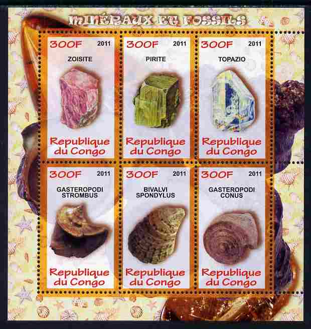 Congo 2011 Minerals & Fossils perf sheetlet containing 6 values unmounted mint, stamps on minerals, stamps on fossils, stamps on shells